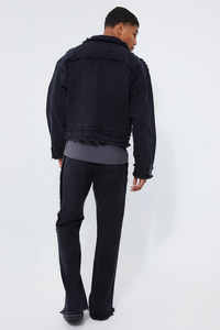 New White Washed High Street Relaxed Fit Denim <b>Jeans</b> Frayed Seam Bootcut With Split Hem Straight Style With Custom Logo at <b>Waist</b> - Product Image 3