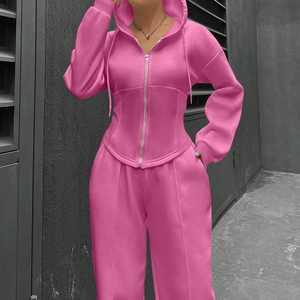 Conjunto de ropa de descanso ligera de dos piezas Y2K para mujer Logo personalizado Chándales sólidos de longitud completa Sudadera con capucha con paneles Cremallera de gran tamaño - Product Image 5