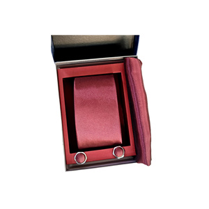 Gift Box Set Burgundy Navy Blue & <b>White</b> Striped Jacquard Woven Tie <b>Pocket</b> <b>Square</b> & Cufflink Set in PU Leather - Product Image 1