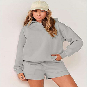 Trendy <b>Women</b> Two Piece Hoodie And <b>Shorts</b> Outfit Cozy And Stylish Casual Set For Gym Yoga Or Walks - Product Image 3