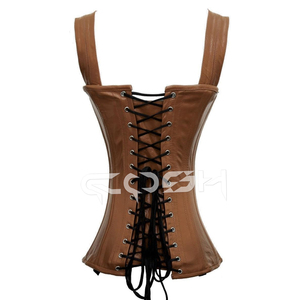 สตรีมพังค์คอร์เซ็ตกระชับสัดส่วนเอวหนังสีน้ำตาลมีสายสะพายไหล่ปรับได้และผูกข้างข้าง - Product Image 5