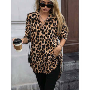 Women'<b>s</b> Long-Sleeved Collared Button-Front, Side-Tie Leopard Print Modal <b>Blouse</b>, 30331 - Leopard - Product Image 1