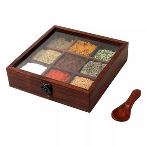 Metier Exclusive Nine Blends Spice Box with 9 Containers With Spoon in Wood - Wooden Spice Storage Box Set for Kitchen Hotels