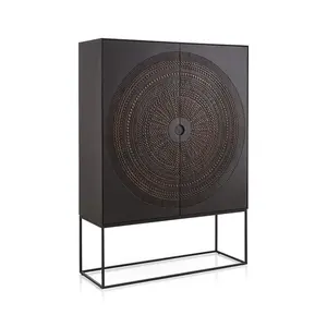 Modern Hand Carved Solid Mango Wood Freestanding Storage <b>Cabinet</b> Black Design Luxury <b>Bar</b> 4 Compartments Durable Eco-Friendly - Product Image 1