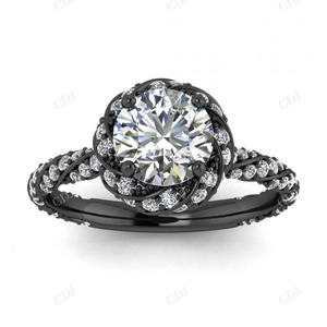 Moissanite Diamant GRA Certifié 10K Or Massif Bande Torsadée Un Halo Demi Eternité Art Déco Antique Bague de Fiançailles et de Mariage - Product Image 4