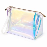 Sac de maquillage en PVC arc-en-ciel irisé en gros, taille personnalisée, pochette cosmétique réutilisable en PVC avec fermeture éclair pour le rangement des produits de soin et de toilette