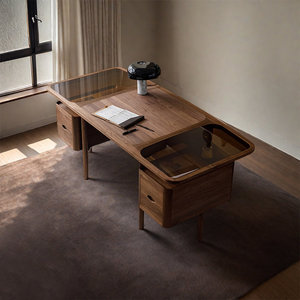 Warm Brown <b>Solid</b> <b>Wood</b> Rectangle Computer <b>Desk</b> with Glass Worktop Organized Storage 1-Year Warranty - Product Image 1