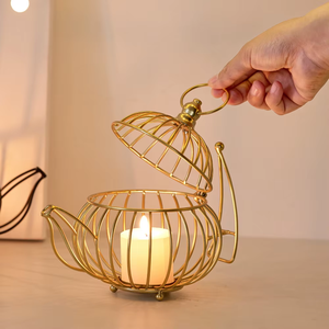 Portavelas de Alambre Estilo Tetera, Elegante Metal con Acabado Dorado para Centro de Mesa, Decoración del Hogar, Sala de Estar y Fiestas - Product Image 2