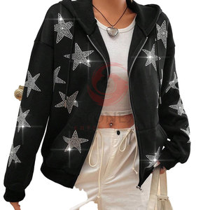 Sudadera con capucha informal con diamantes de imitación para mujer con estampado frontal personalizado OEM, forro polar con cremallera completa de invierno 100% algodón - Product Image 5