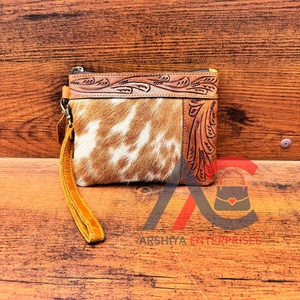 Hot Sale Western Hair on Tooled Leather Wristlet Purse for Women's Genuine Leather Tassel Pouch Floral Tooled Tan Cowhide Clutch - Product Image 1