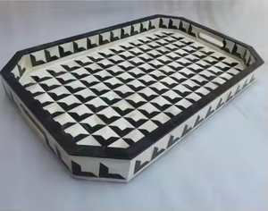 Plateaux d'incrustation d'os fabriqués à la main noir blanc fait à la main acrylique bois métal plateau de service décoratif avec incrustation d'os pour une variété de nourriture - Product Image 1