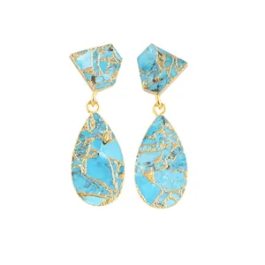 Latest Design Pear Shape Mohave Sky Blue Copper Turquoise Teardrop Earring Gold Plated Ear Wire Hook Earring Stud Dangle Earring