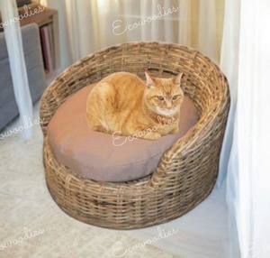 Cunas tejidas de ratán redondas naturales hechas a mano para gatos de interior y perros pequeños, cuna de interior móvil para mascotas domésticas, consola con incrustaciones de hueso - Product Image 3