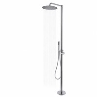 Colonne de douche extérieure moderne en acier inoxydable pour villa, avec pommeau de pluie rond autoportant et douchette à main en nickel brossé