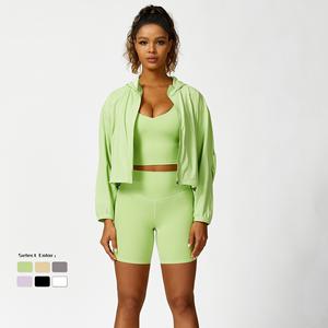 Conjunto de Sudadera con capucha transpirable para deportes de yoga con cierre de cremallera con logotipo frontal para mujer - Product Image 6