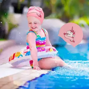 wholesale blank swimming caps silicone printed swim caps yellow for kids girls pink cartoon waterproof swim cap