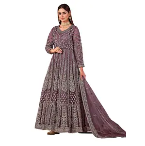Penjualan paling laris India Pakistan bordir jaring kupu-kupu berat bekerja dengan tali mutiara gaun Anarkali harga grosir di 2024