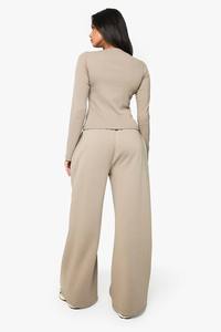 Conjunto de Dos Piezas de Algodón Acanalado para Mujer, Top de Manga Larga con Botones en la Parte Delantera, Pantalones Anchos con Cordón, Fabricación OEM - Product Image 2