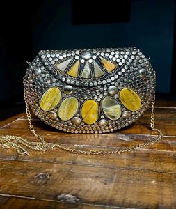 Elegant Mosaic Metal Firoza <b>Clutch</b> <b>Bag</b> with Mother of Pearl Stone Handmade Antique Ethnic Design with Metal Chain - Product Image 5