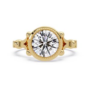 Bagues de fiançailles solitaires vintage avec diamant de laboratoire rond serti clos, certifiées IGI, en or jaune 14K, bordure milgrain, fabricant - Product Image 4
