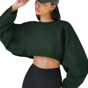 Insignia De lavado ácido De alta calidad, ajuste holgado, Top corto De manga larga De algodón De gran tamaño, sudadera informal con capucha 2024 para Mujer - Product Image 3