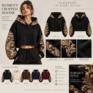 Sudadera con Capucha Oversize para Mujer, Negra con Bordado Dorado y Patrón Paisley, Hombros Caídos, Estilo Crop Top, 100% Algodón Tejido, Sudadera de Otoño - Product Image 5