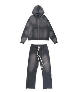 Survêtement pour homme grande taille hiver 2026, pantalon de survêtement à jambes évasées en molleton à capuche zippé, broderie usée, délavage acide - Product Image 1