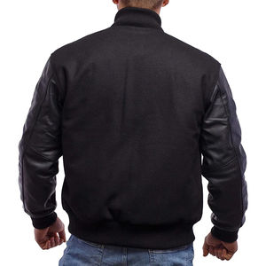 Veste universitaire noire unisexe à prix de gros, manches en cuir personnalisées, broderie décontractée, teinte unie pour hommes - Product Image 2