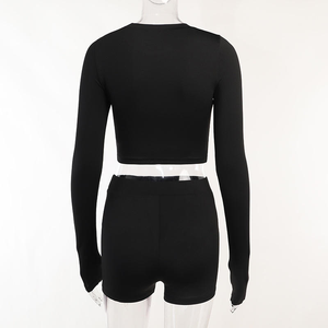 Top corto de manga larga de dos piezas para mujer y pantalones cortos de cintura alta sin costuras para gimnasio, Yoga, Fitness, ropa deportiva, conjunto deportivo Atlético - Product Image 6