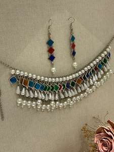 Conjunto de Collar y Aretes de Latón Oxidado Multicolor, Estilo Afgano, Collar Tradicional Indio con Perlas de Imitación para Fiesta - Product Image 3