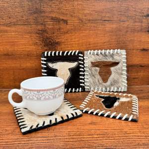 Top vente à la main Longhorn peau de vache sous-verres ensemble Western cheveux sur cacher en cuir véritable sous-verre pour boissons Western décor à la maison cadeaux - Product Image 3