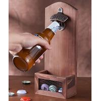 Décapsuleur mural en bois fait main avec récupérateur de capsules intégré, support rustique pour décapsuleur de bière pour cuisine, café et bar à domicile