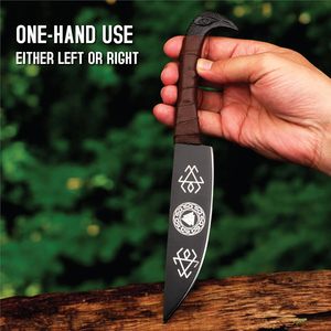 Cuchillo Vikingo Raven de 9.5 Pulgadas para Camping, Recubrimiento de Polvo Negro, Grabados Nórdicos, Hoja de Acero de Damasco, Mango de Cuerno de Toro, Dureza HRC60-65 - Product Image 3