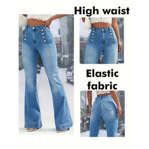 Jean taille haute à jambes larges pour femme avec détail boutonné sur le devant, 37733 - Bleu - Product Image 4