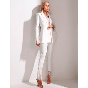 White Solid Lace Trim Women <b>Blazer</b> <b>Set</b> Anti Wrinkle Breathable Lapel Jacket and Pants Office Formal Wear - Product Image 1