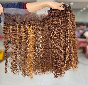 Texture chaude bonne qualité paquets de couleur bouclés birmans et ensemble frontal de 100% cheveux humains vietnamiens vrais cheveux humains - Product Image 1