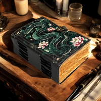 Grand journal vintage en cuir véritable imprimé, 400 pages, fait main, livre de sorts célestes, serpent, lotus, fleur, grimoire, Halloween