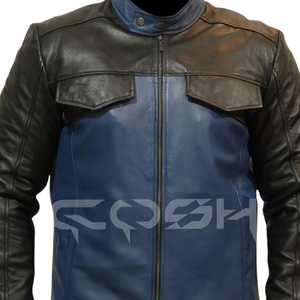 Veste de motard en cuir bleu nuit de style urbain moderne, veste streetwear bicolore avec poches poitrine - Product Image 3