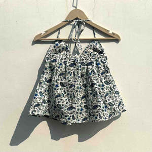 White Blue Jaal Tree Printed Cotton <b>Top</b> for Women Knitted <b>Short</b> Length with Tassel Hollow out Inspired Bombay Paisley - Product Image 1