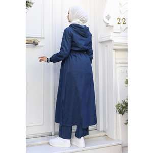 Survêtement long à capuche en denim bleu foncé avec taille élastique, style décontracté midi MSW19370-2 - Product Image 4