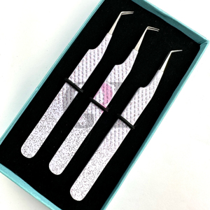 Meilleure qualité revêtement en poudre blanche avec des paillettes roses 45 & 90 degrés pince à épiler extension de cils Silver Tip Beauty Instruments - Product Image 1