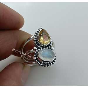925 Sterling Silver Handmade <b>Statement</b> <b>Ring</b> for Women Natural Citrine and Rainbow Moonstone November Birthstone Gift - Product Image 2