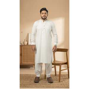 CLK-19 Nadeem Kurta Men's <b>Kameez</b> <b>Shalwar</b> (Embroidered/Formal) Off-<b>White</b> 100% Cotton Breathable Long Simple Straight-Cut Sleeve - Product Image 4