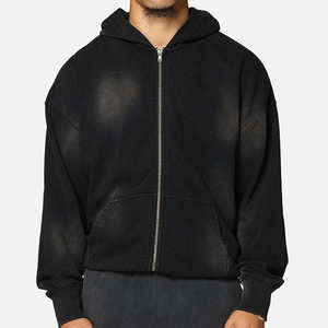 Custom Heavy Weight Double <b>Zipper</b>-up <b>Hoodie</b> <b>Black</b> Vintage Distressed Streetwear Acid Wash 400GSM <b>Hoodie</b> Blank Hoodies for Men - Product Image 1