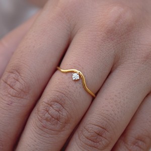 Women's 18K Solid Gold Luxury Minimalist Round Cut <b>Ring</b> with Curved Prong Setting <b>Thin</b> Band Fine Moissanite Wedding Band - Product Image 5