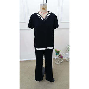 Conjunto de Dos Piezas para Mujer, Blusa de Manga Corta con Cuello en V de Viscosa de Dos Hilos y Pantalones, 35323 - Negro - Product Image 4