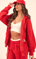 Conjunto de chándal con capucha y detalle de costura para mujer de 2 piezas rojas con logotipo personalizado éxito de ventas conjunto de chándal y chándal de dos piezas para mujer de cuerpo entero
