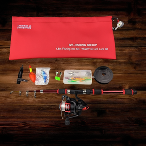 Kit de canne à pêche en fibre de carbone Bdt-FISHING GROUP 1,8 m avec poignée EVA, moulinet AK200 et ensemble de leurres dans un sac rouge - Product Image 3