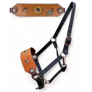 En gros, Licol de bronc anglais réglable en cuir, de qualité supérieure, personnalisable, avec gravure tournesol, style équestre western antique - Product Image 1