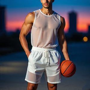 Transparent boutonné chemises maille Shorts ensembles garçons maille transparente Sexy robe de nuit Letterman maille transparente costumes hommes - Product Image 3